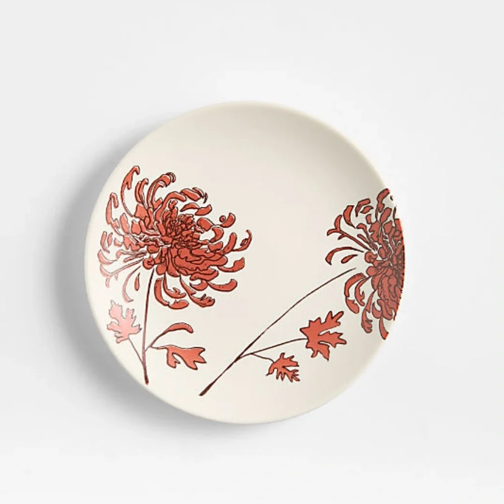 New! Crate&Barrel Red Floral Appetizer Plate Set with Gold Holder